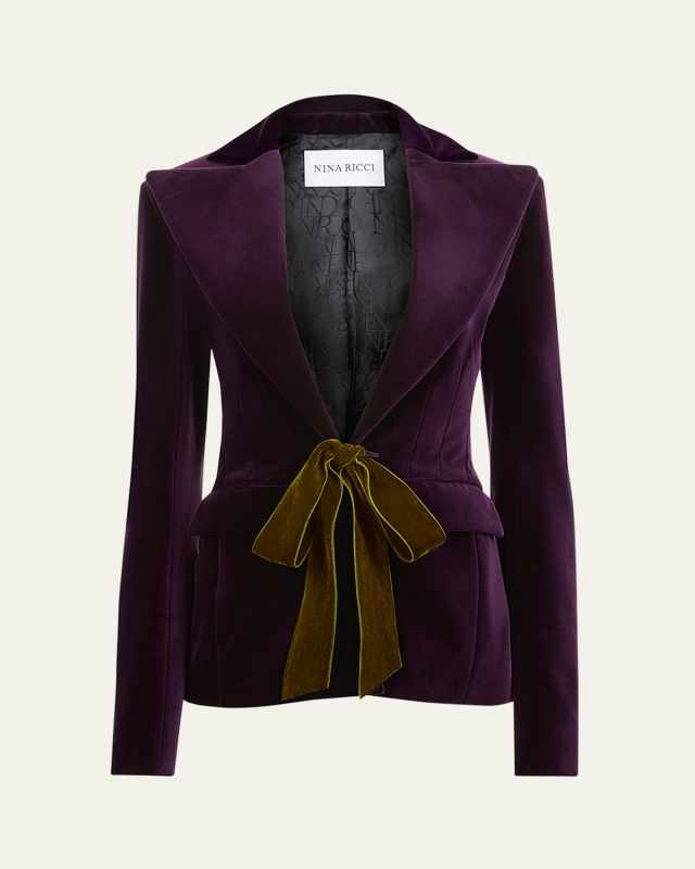 Velvet Bow Single-Breasted Blazer